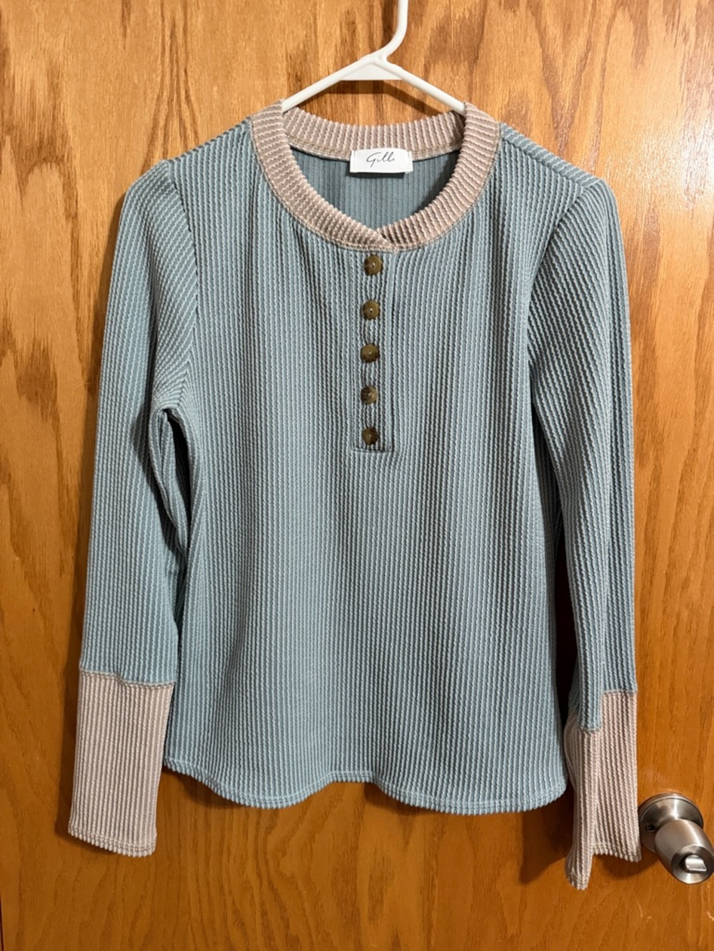 Gilli Two-Tone Raised Rib Henley Top - Dusty Teal Blue & Beige/Tan